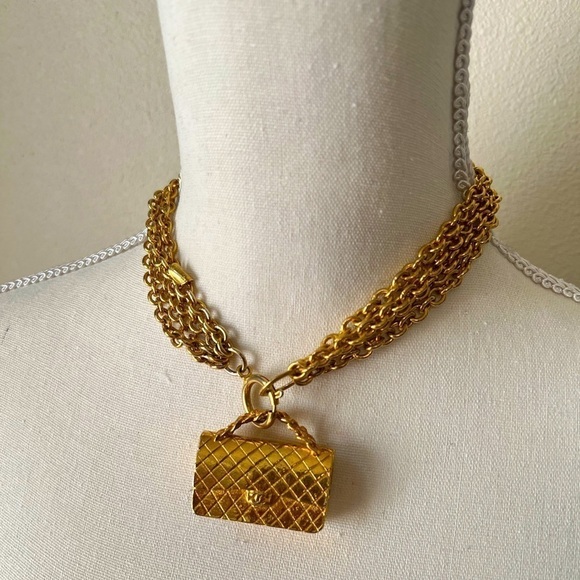 Chanel Vintage Gold Multi Strand Quilted Bag Collar Necklace - Picture 1 of 9
